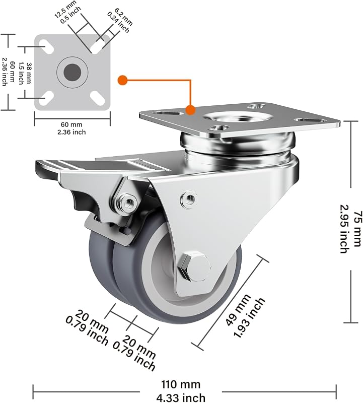 Set 8 ruedas caster TPR gris con freno placa giratoria