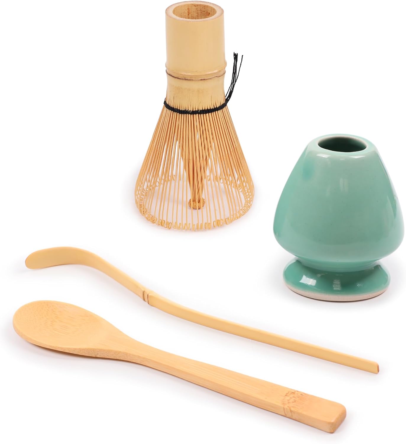 Set 4 artículos batidor bambú cuchara té soporte verde