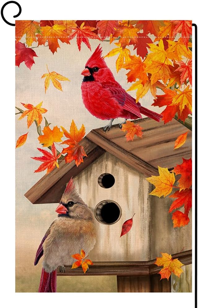 Bandera jardín pájaros cardenales 12x18pulg doble cara otoño