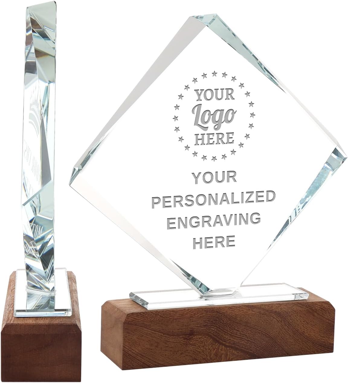 Trofeo cristal personalizado con base madera placas grabadas
