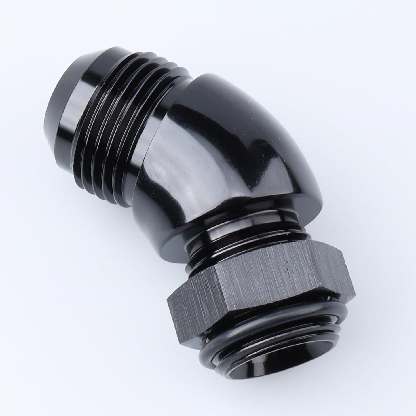 Adaptador flujo completo aluminio negro 45 grados