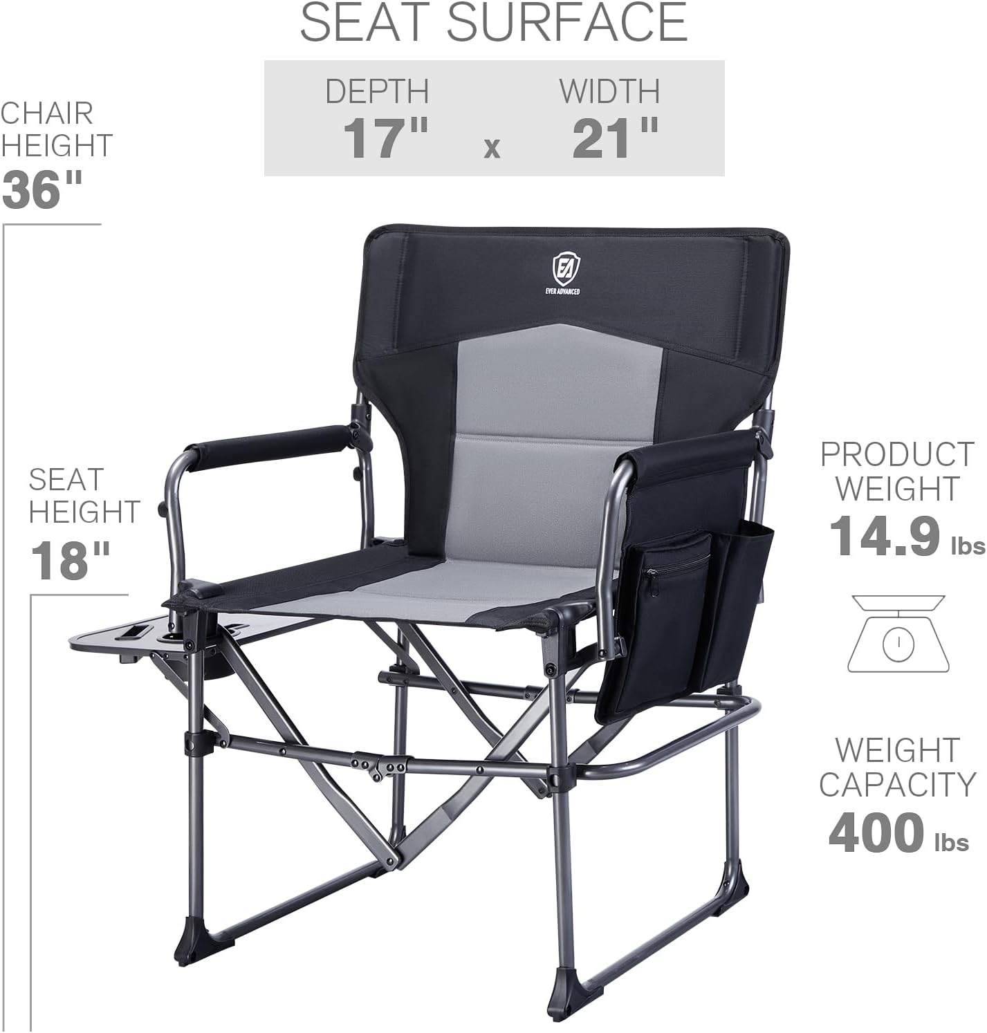 Silla director camping plegable con mesa lateral 400lb negro