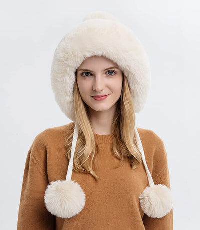 Gorro invierno mujer piel sintética orejeras pompones