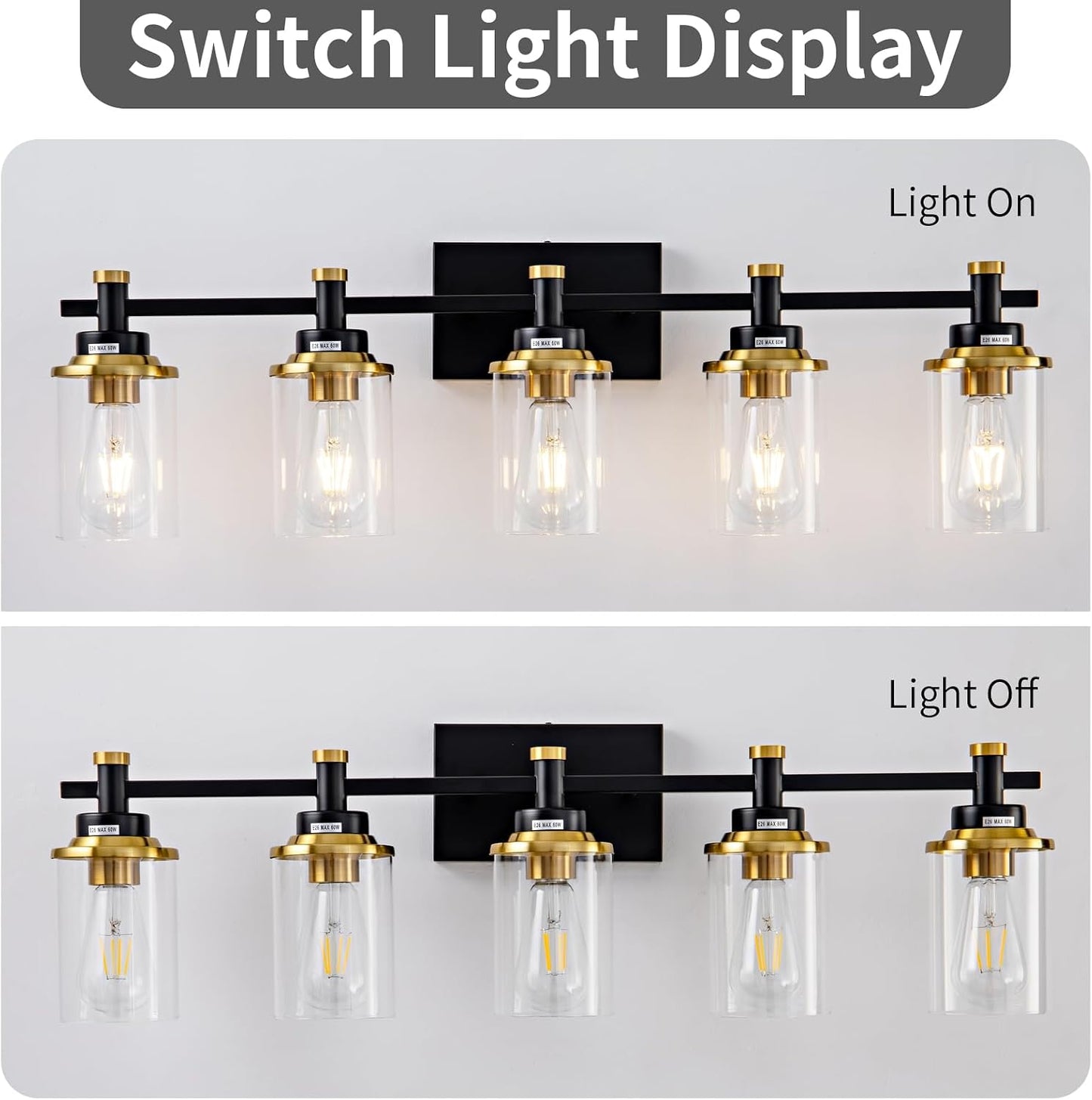 Lámpara baño 5 luces dorado y negro sobre espejo