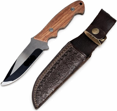 Cuchillo caza hoja fija funda cuero acero premium