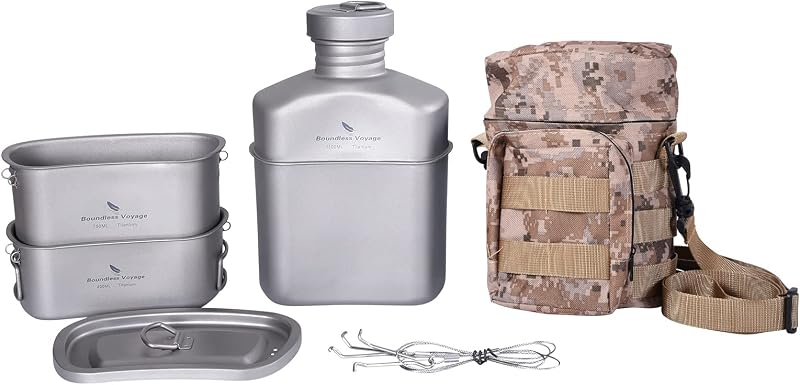 Cantina militar titanio forma riñón con tapa y cadena