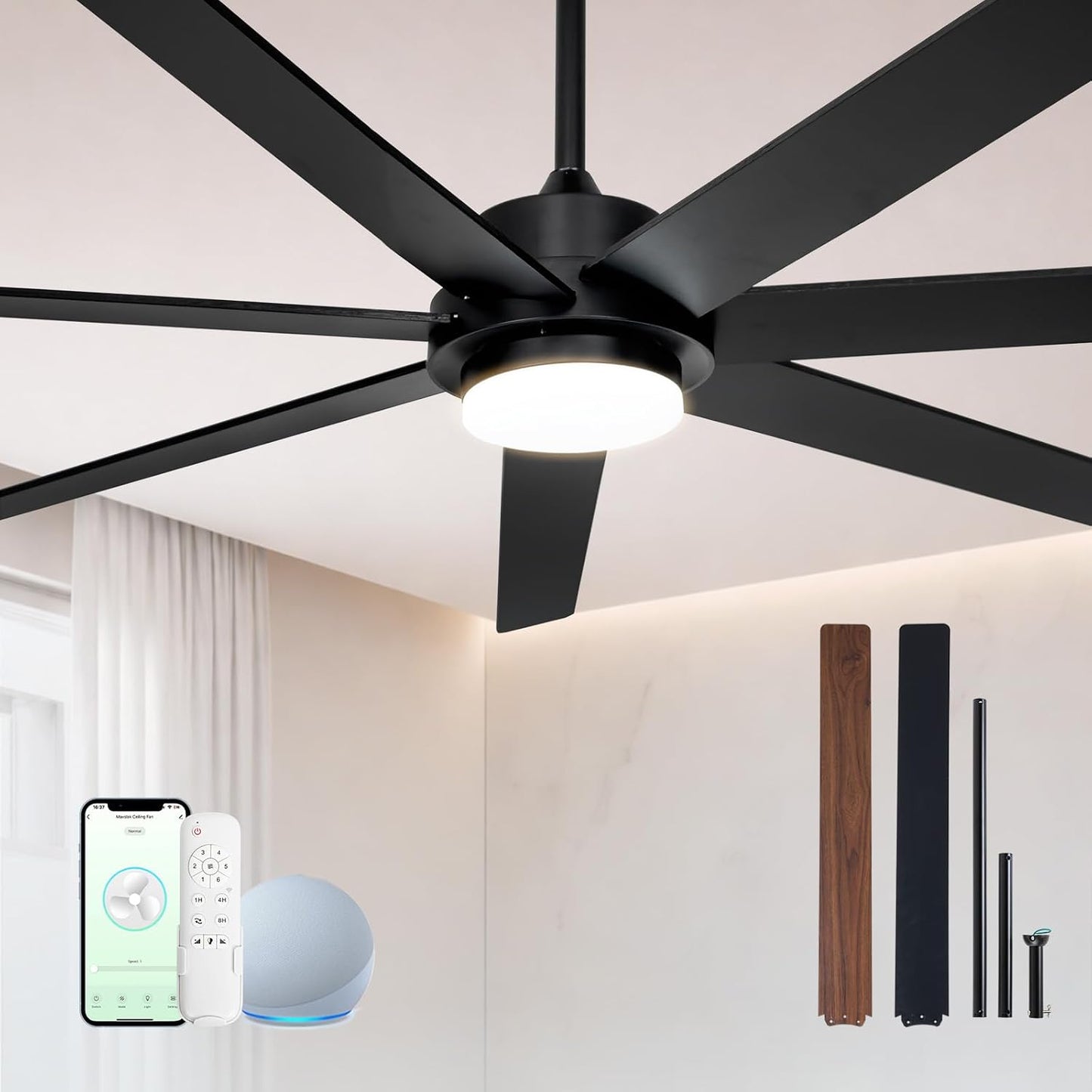 Ventilador techo 72pulg negro luces Alexa 6 velocidades