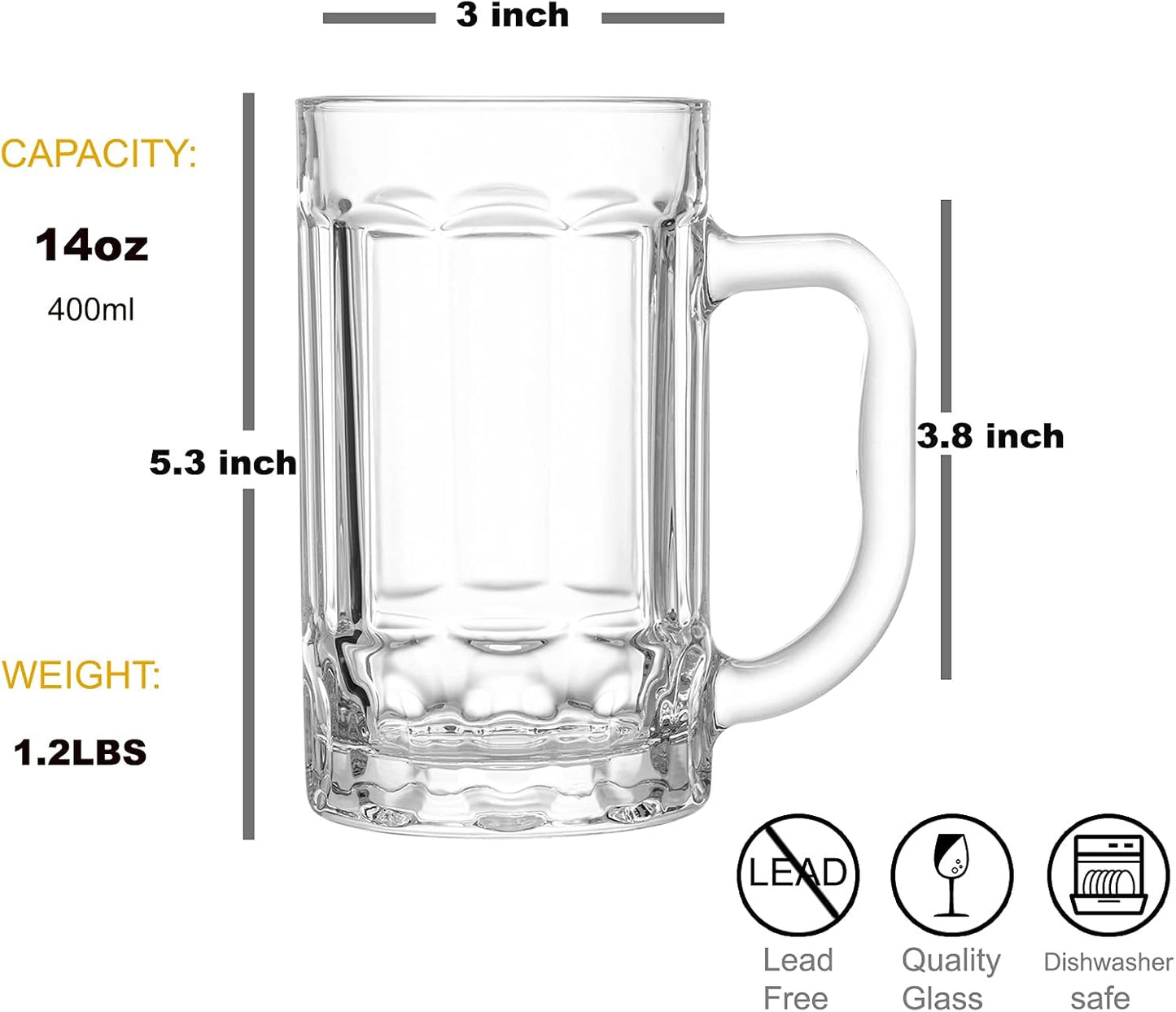 8 Vasos Clásicos Vidrio 14oz con Asa