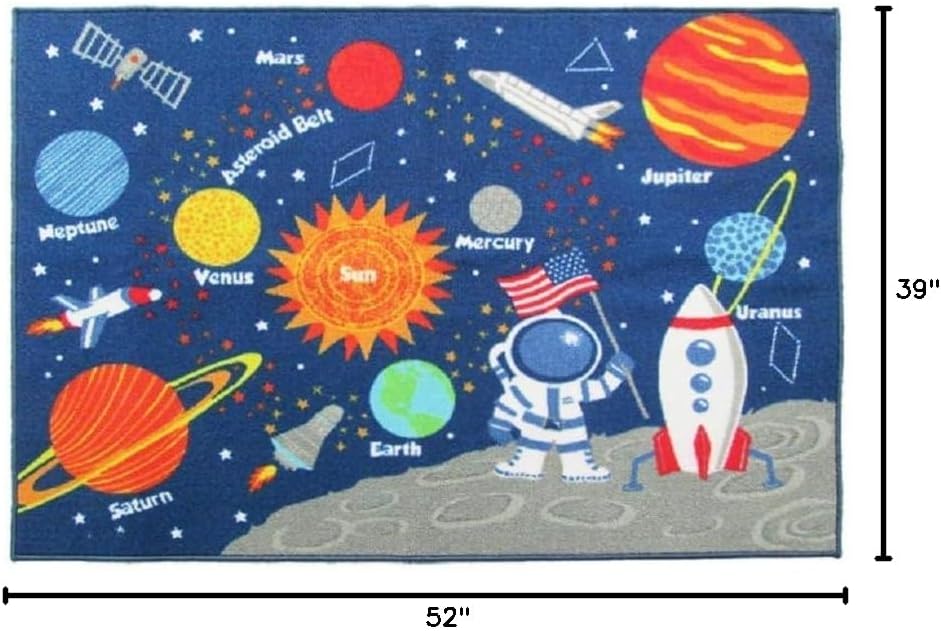 Alfombra educativa para niños con galaxia y planetas azul