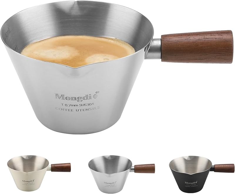 Taza medidora espresso acero inox madera doble boquilla 100ml plateado