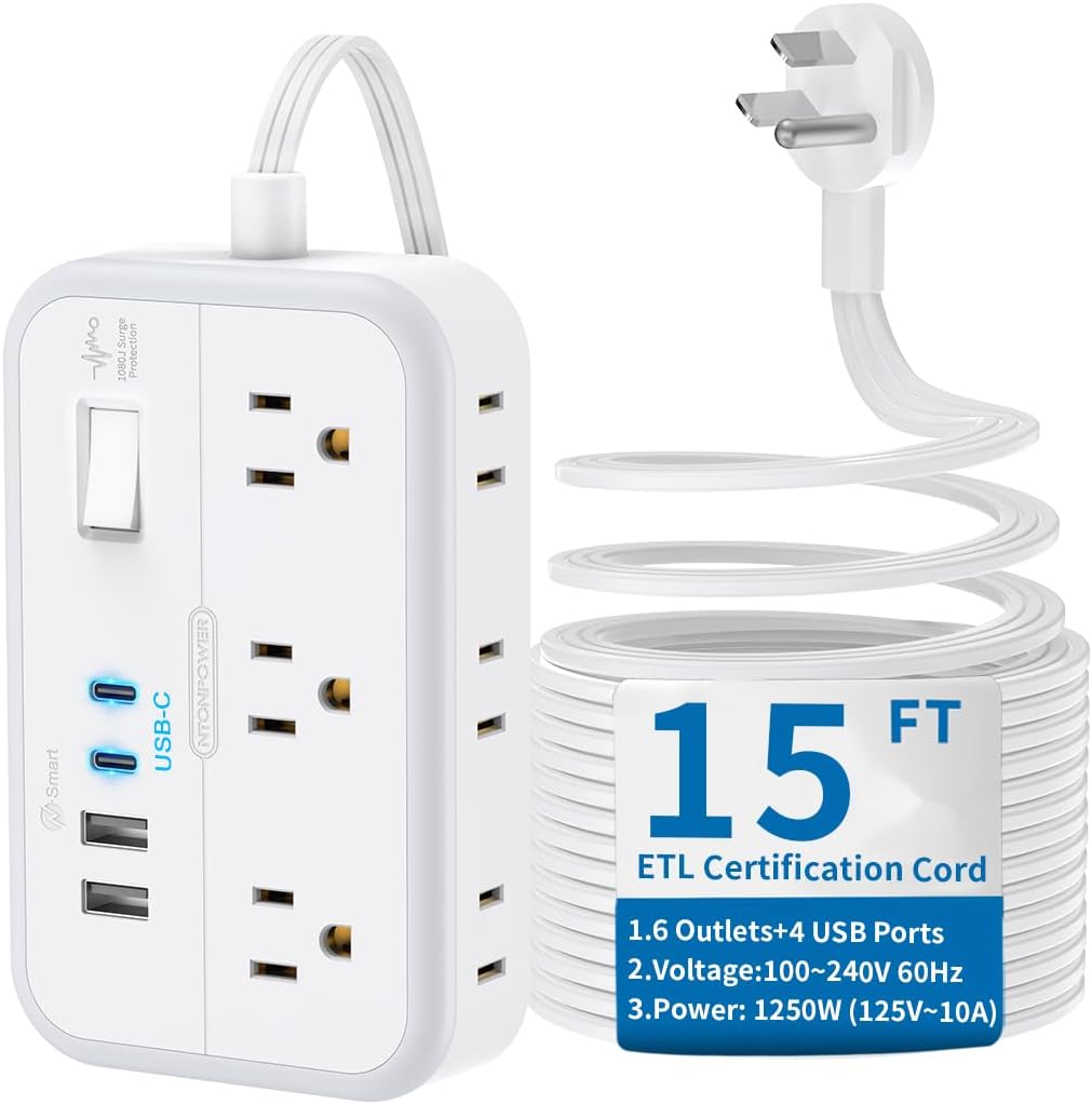 Cable extensión plano 15ft regleta 6 tomas 4 USB 2 USB C