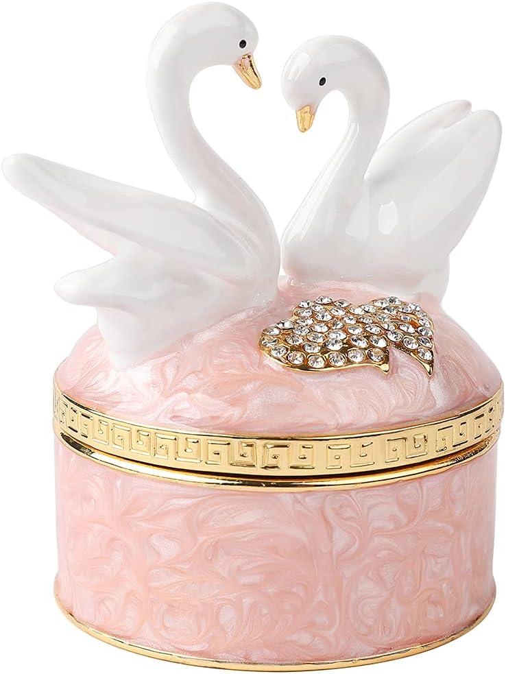 Caja cisne bisagras cristal esmaltado decorativa rosa