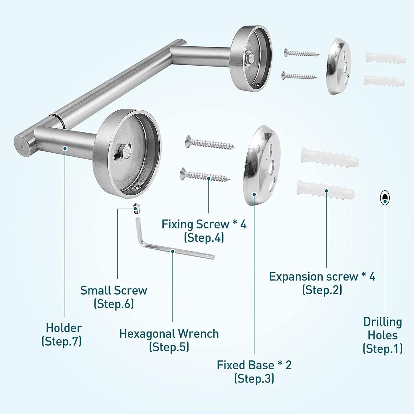 Soporte papel higiénico acero inox doble poste plateado