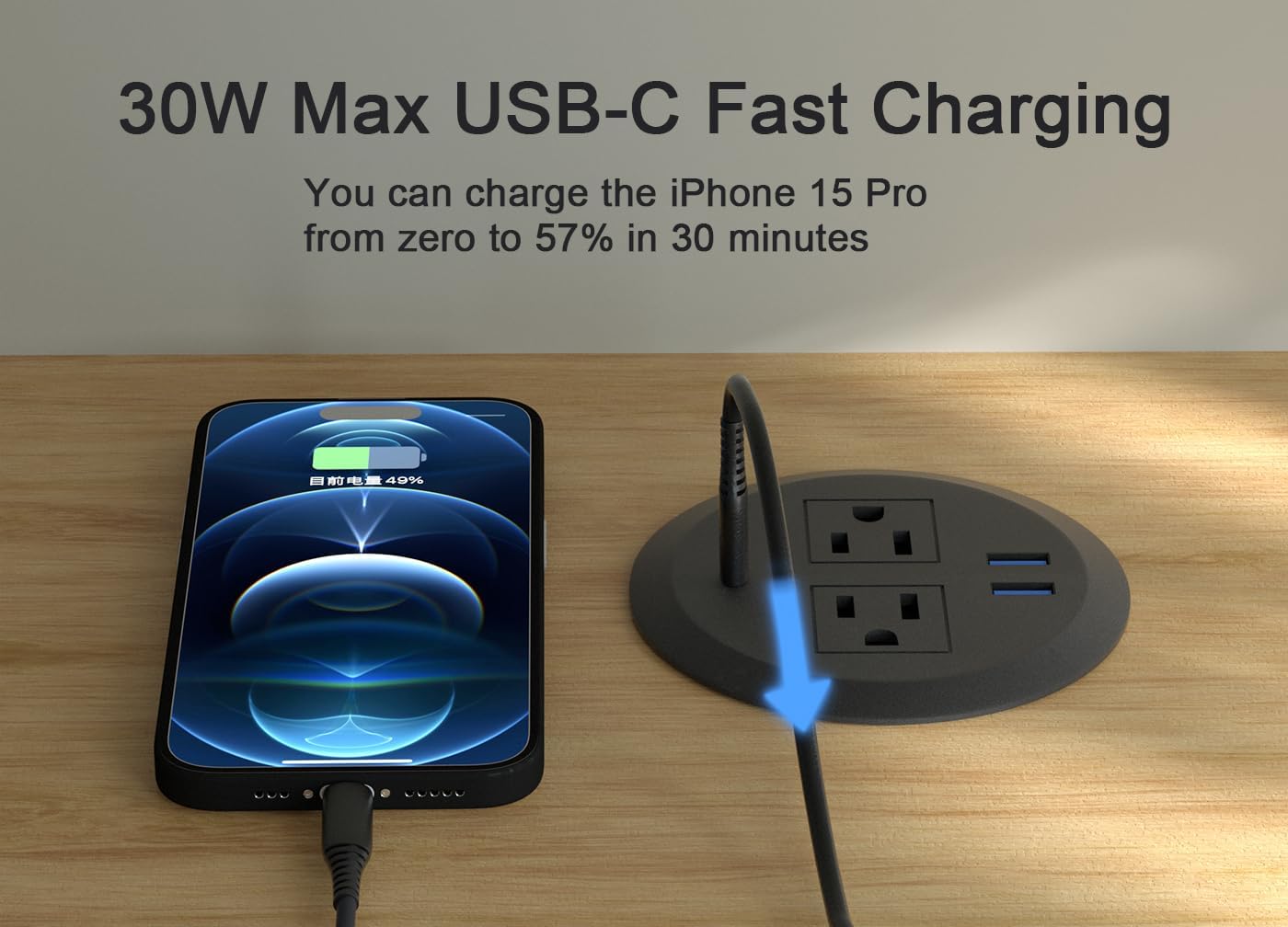 Ojal alimentación escritorio 3-1/8pulg USB C PD30W