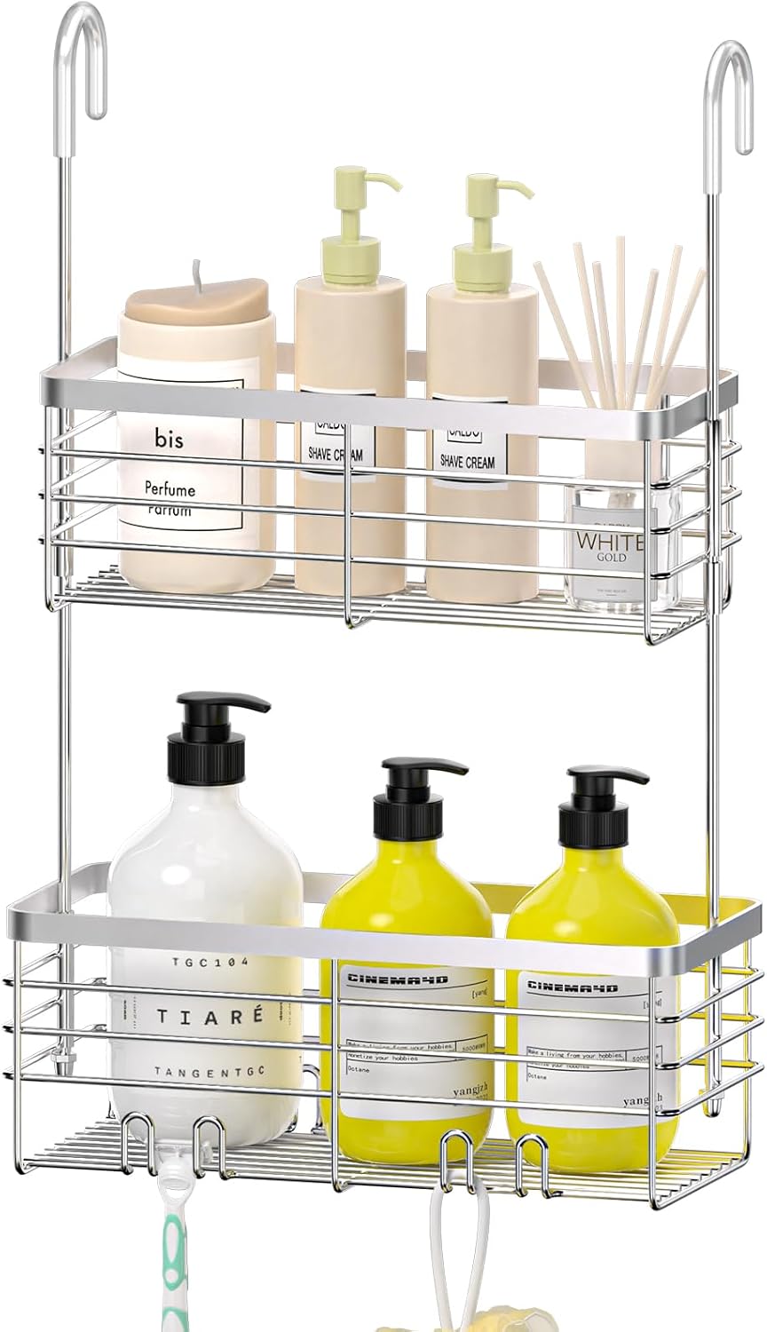 Organiz. ducha colgante 2 niveles con ganchos y cesta