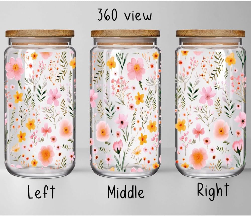 Vaso flor de vidrio 16oz con tapa y pajita bambú para café