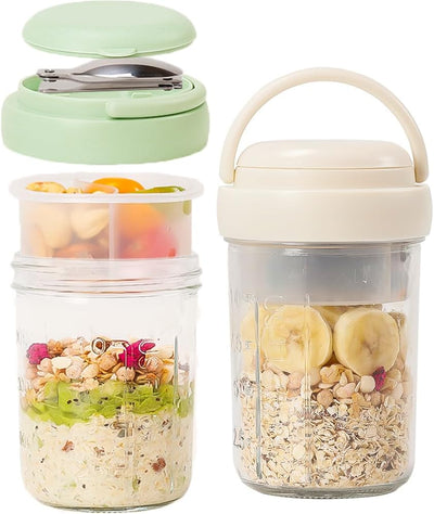 2 Tarros Vidrio 16oz con Tapa Asas Cucharas Avena Desayuno