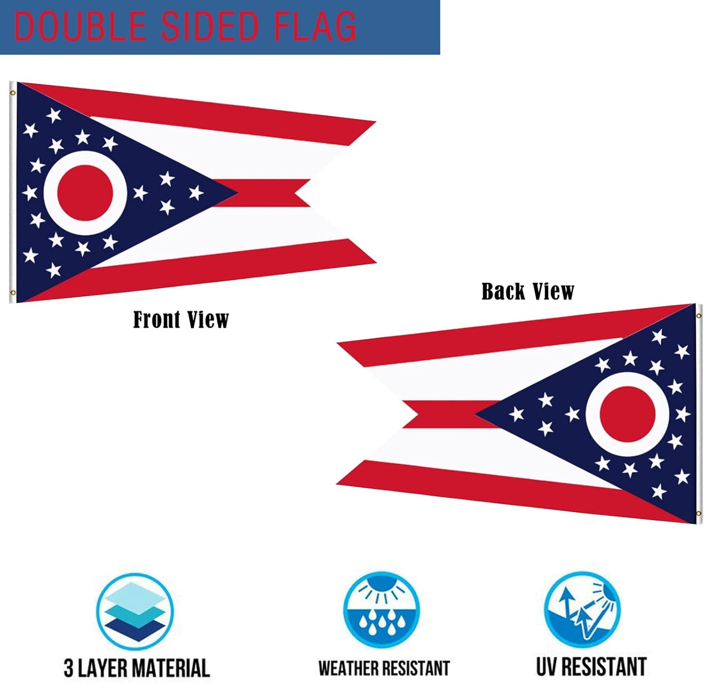 Bandera Ohio 3x5pulg doble cara 3 capas lona cosida