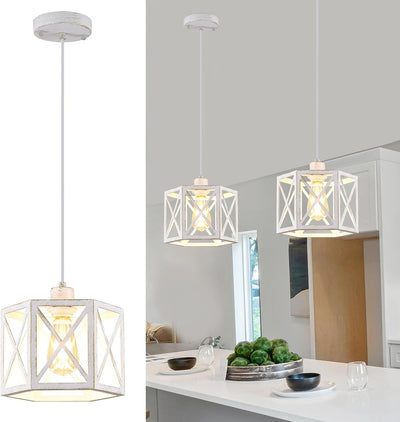 2 Luces colgantes isla cocina jaula hexagonal blanca vintage