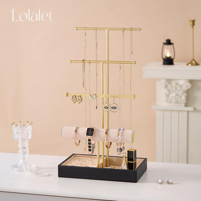 Soporte joyas 4 niveles terciopelo ranuras anillos aretes negro