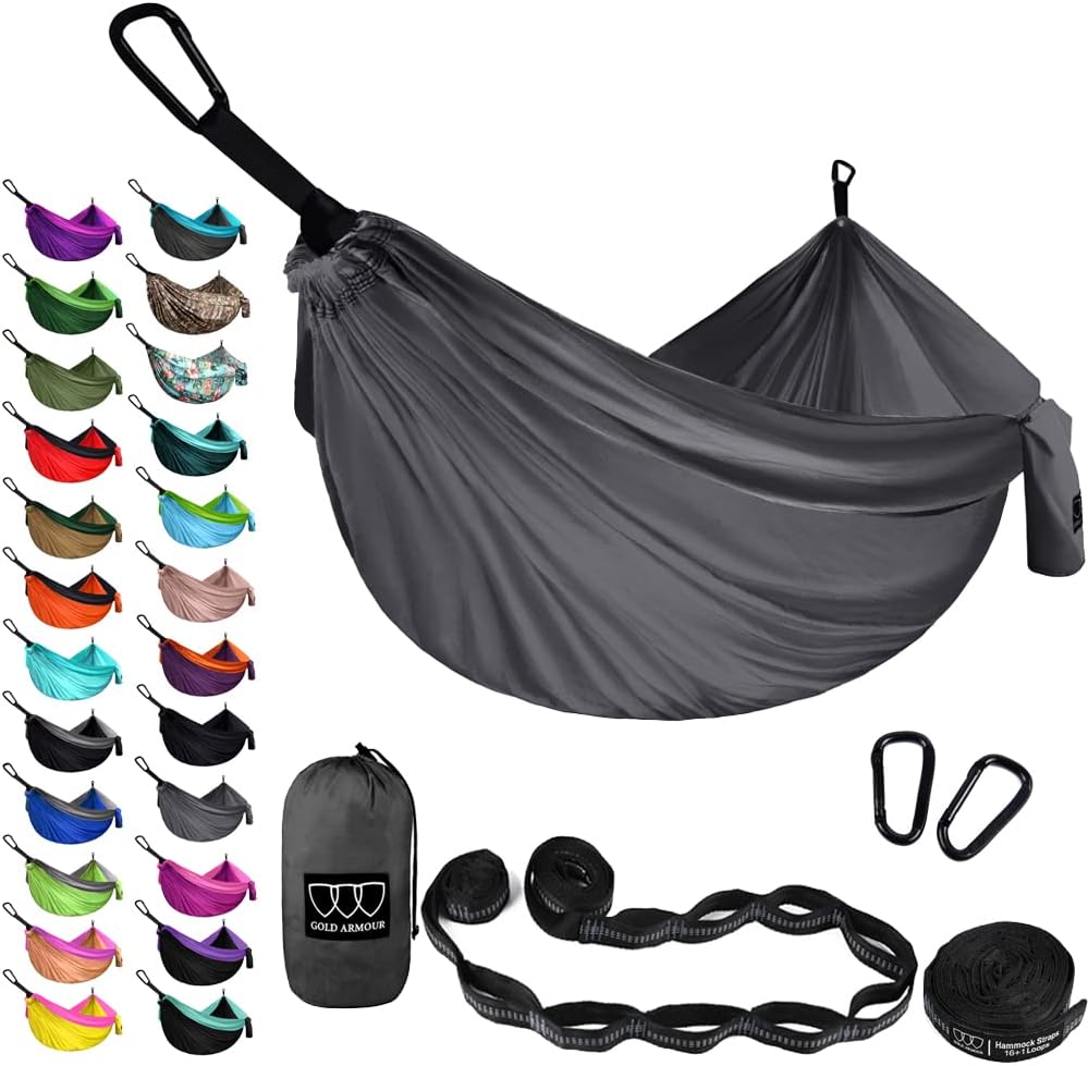 Hamaca doble XL portátil con correas de árbol gris