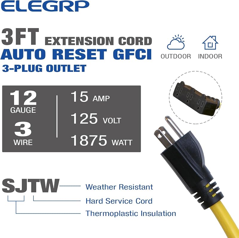 Cable extensión GFCI 15A 3 ft 12/3 SJTW amarillo