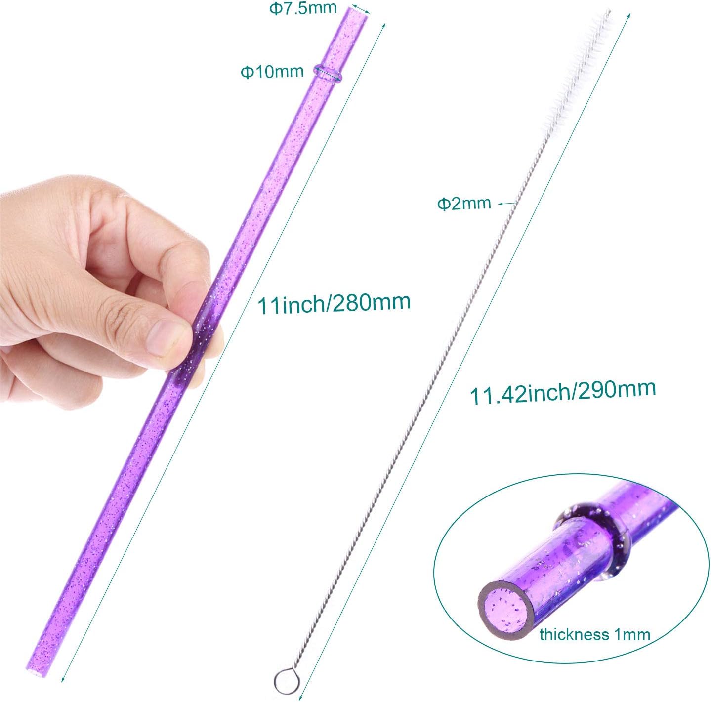 12 Pzas Popotes Reutilizables 11pulg Purpurina Morado