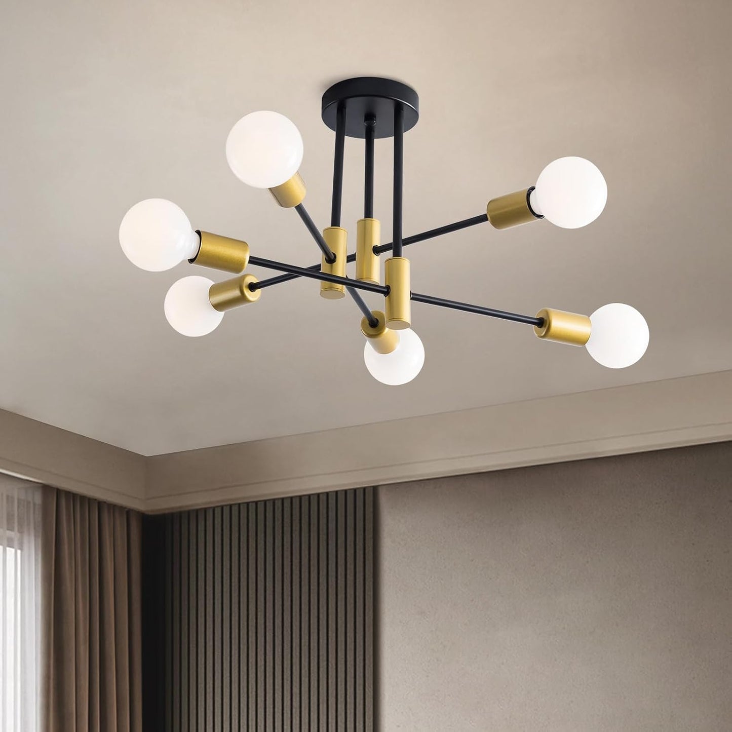 Lámpara araña sputnik 20.5pulg negra y dorada 6 luces comedor