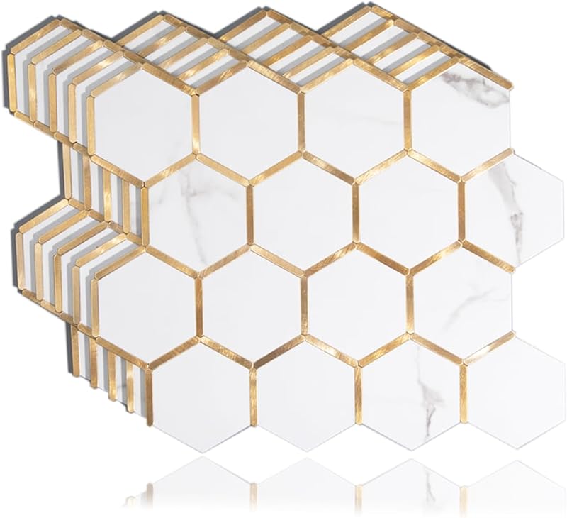 Azulejo PVC hexagonal mármol tira dorada cocina baño 5 Pzas