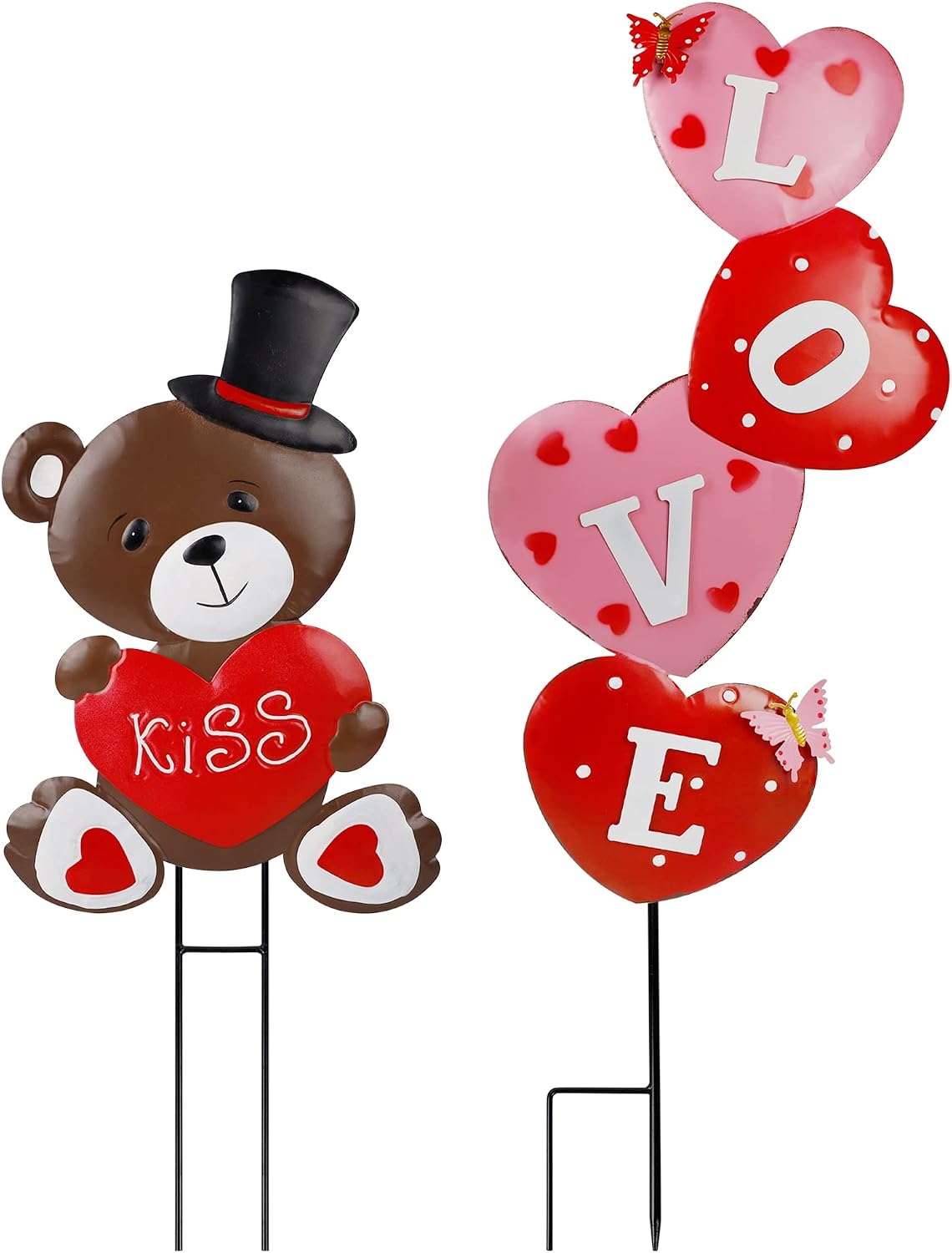 Decoración San Valentín 2 carteles estacas metal corazón oso