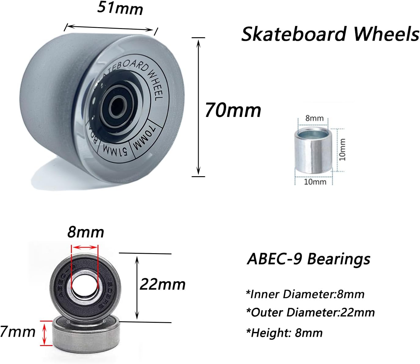 Ruedas longboard 2.756" ABEC-9 con rodamientos