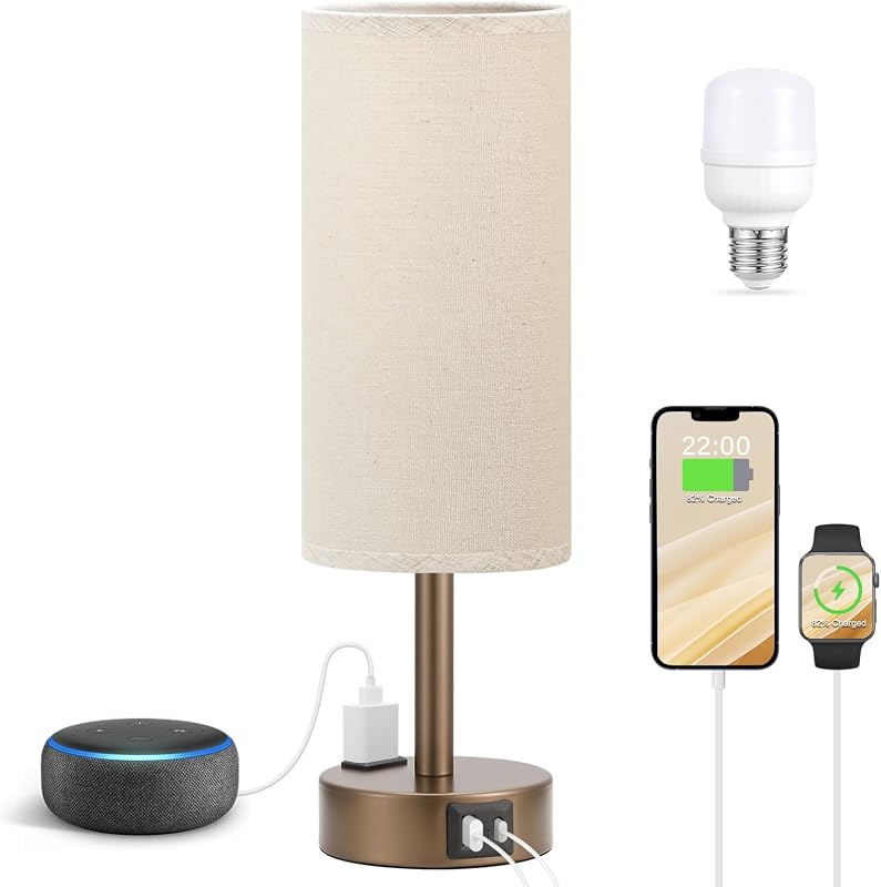 Lámpara mesita noche táctil 3 vías USB C y CA redonda tela