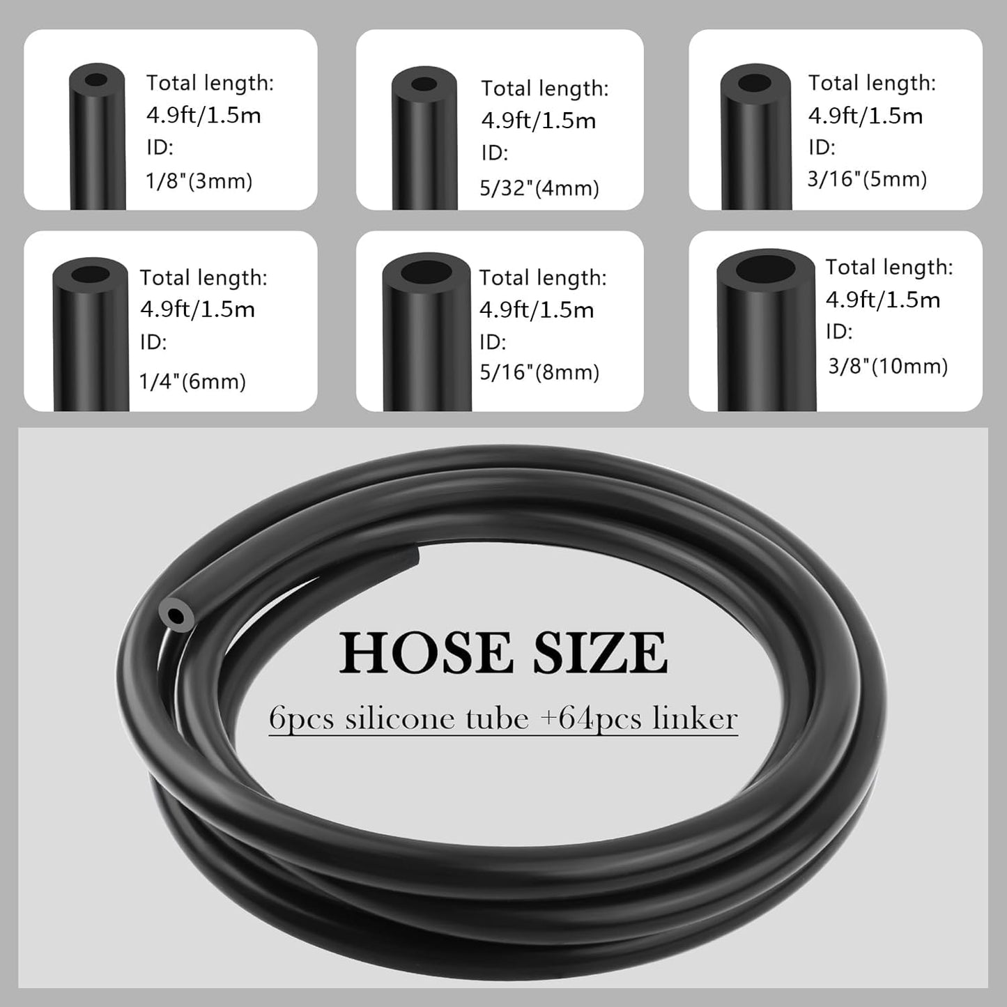 6 Mangueras Vacío 4.9ft ID 1/8-3/8pulg Kit 64 Conectores