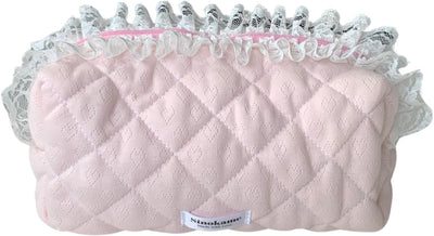 Bolsa maquillaje acolchada rosa reutiliz. de encaje