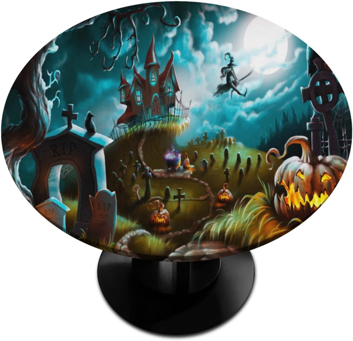 Mantel redondo turquesa Halloween con elástico ajustable