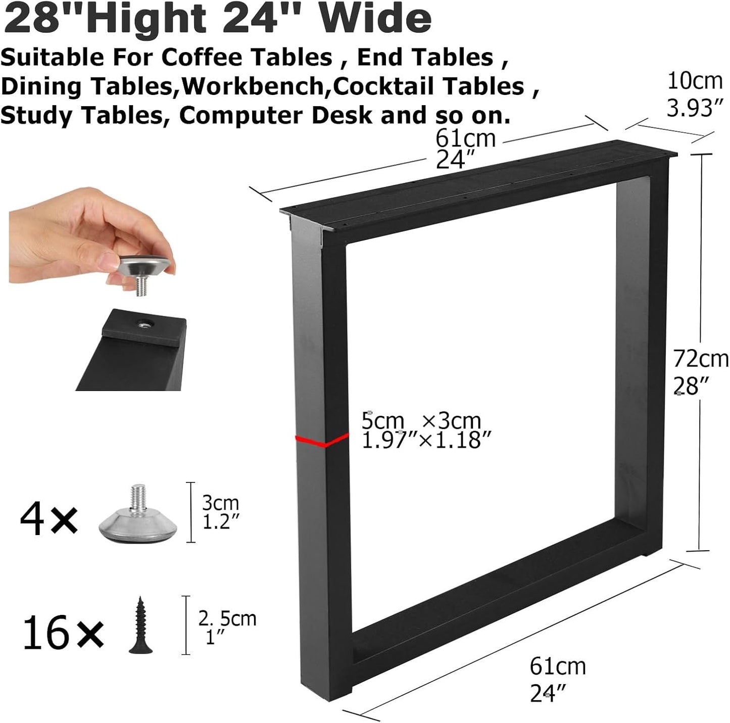 Patas mesa metal 28x24 pulg negras set 2 con protectores