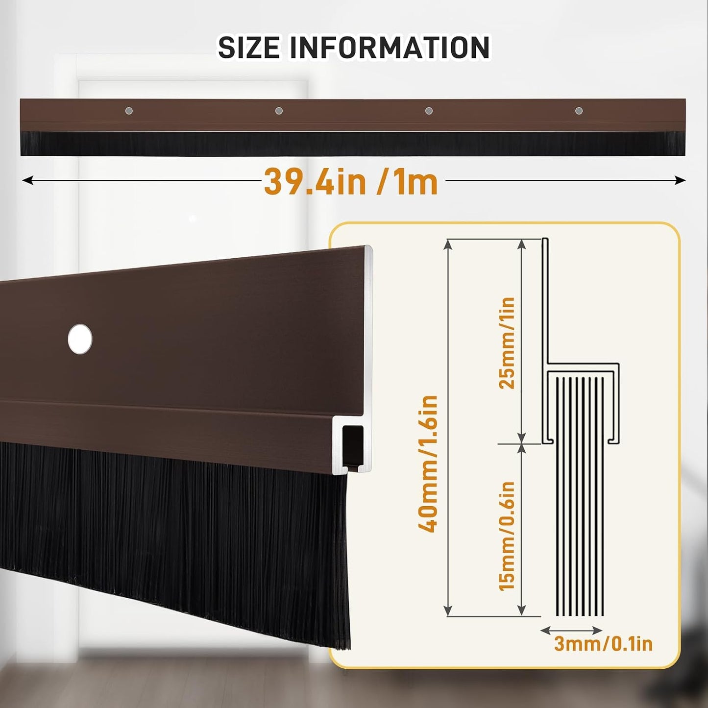 2 Pzas Cepillo Puerta Base Aluminio Forma H 0.6pulg