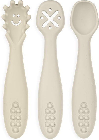 Juego utensilios silicona para bebés BLW crema