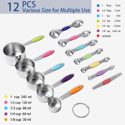 Set 12 Tazas Medidoras Acero Inox con Mango Silicona