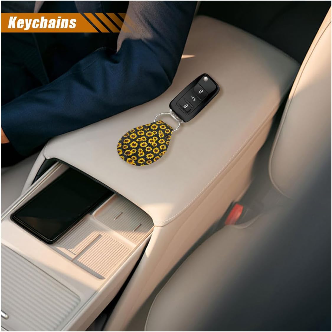 Juego 4 accesorios girasol para auto volante llavero