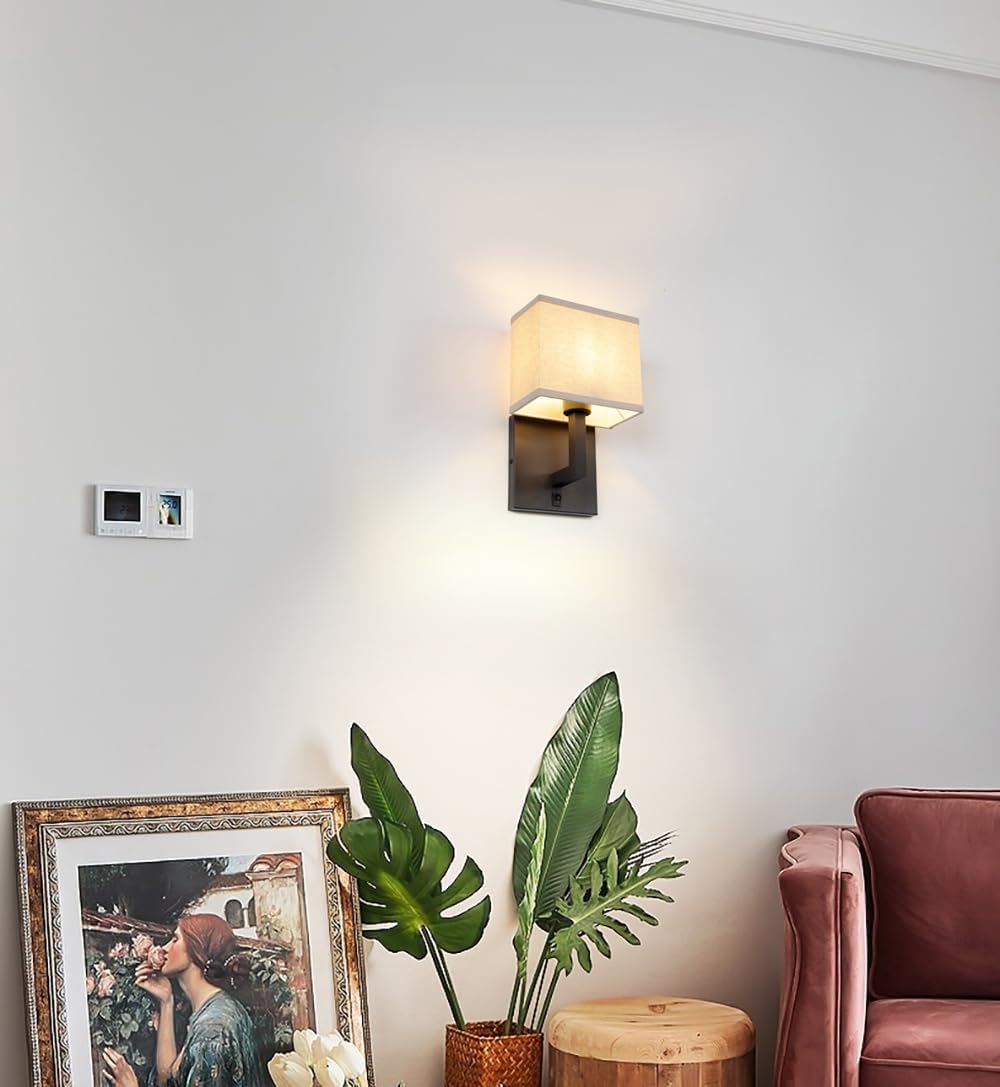 2 Apliques Pared Tela Lino Negro Interruptor Tocador Retro