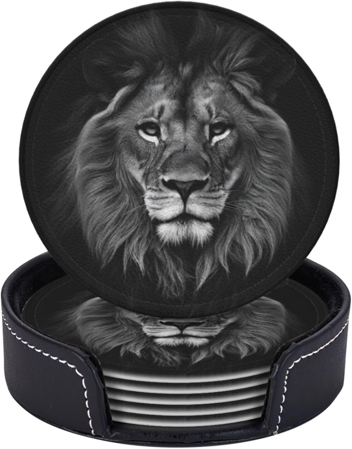 6 Posavasos Cuero León Negro 3D con Soporte para Bebidas