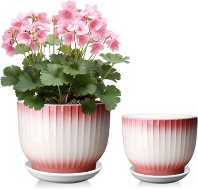 Macetas cerámica 6.7x5.5" set 2 con drenaje rosa blanco