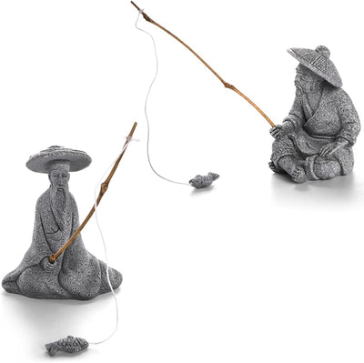 2 Pzas figuras pescador arenisca decoración zen pecera