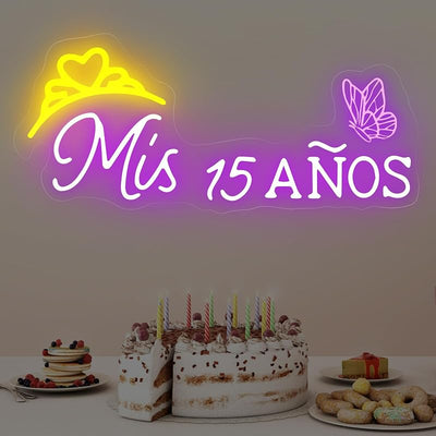 Letrero neón quinceañera con interruptor brillo púrpura