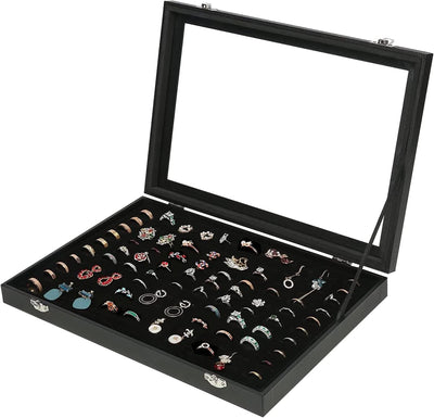 Caja organizadora joyas terciopelo negro con tapa vidrio