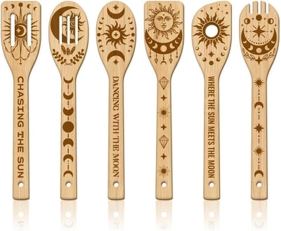 Set 6 cucharas bambú diseño sol luna espátula cocina