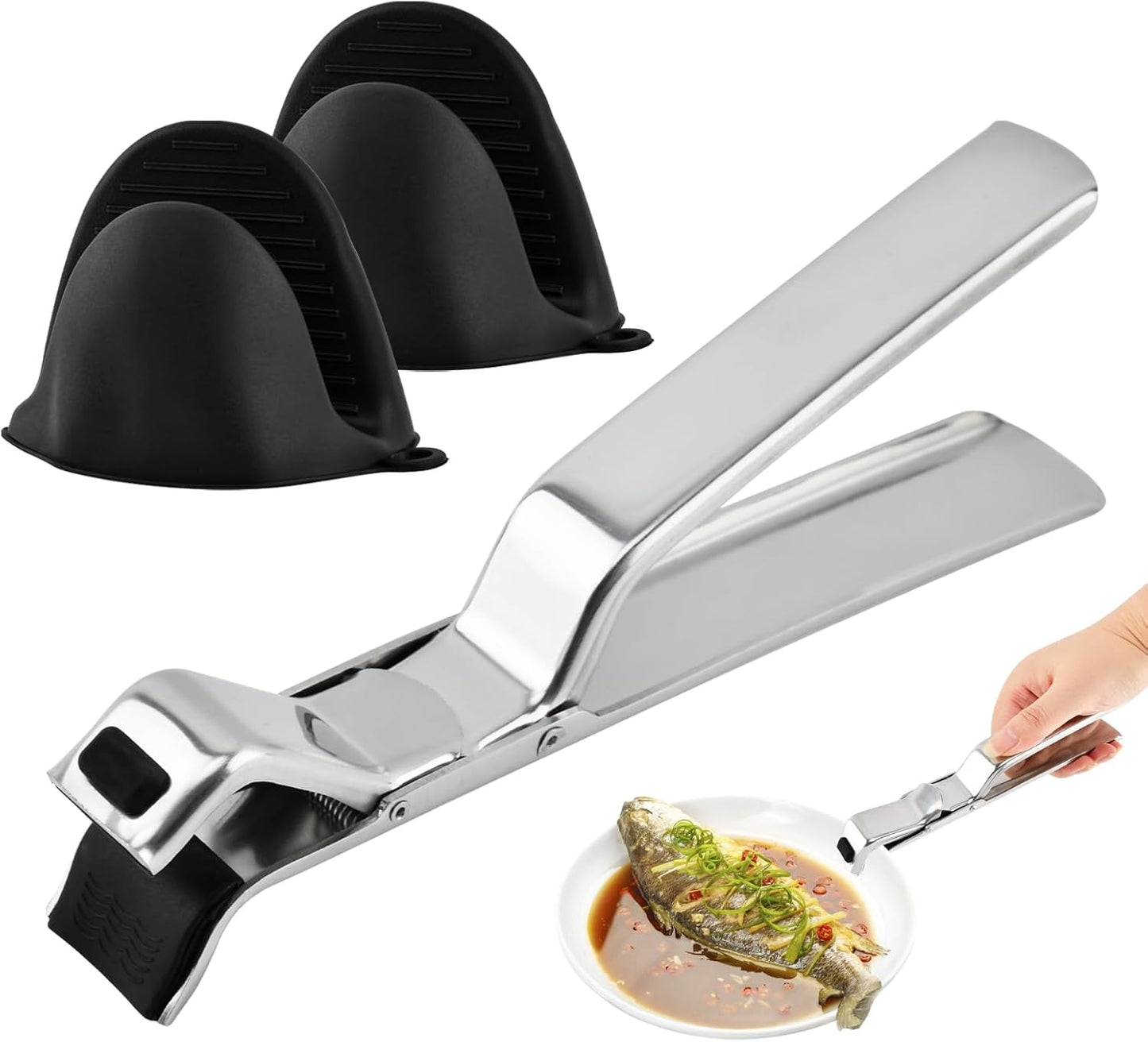Pinzas de agarre acero inoxidable con fundas silicona y clip soporte tazón