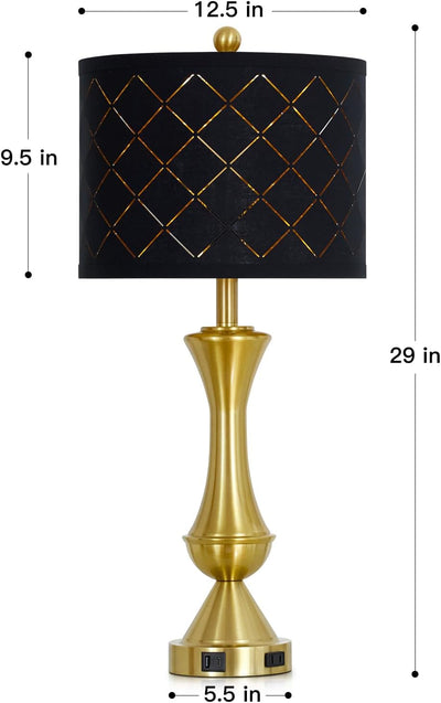 2 Lámparas Mesa Modernas Doradas 29" Regulables USB AC