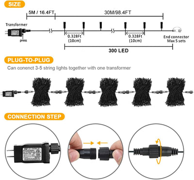 300 Luces LED Navidad 99pies Conector 8 Modos Interior
